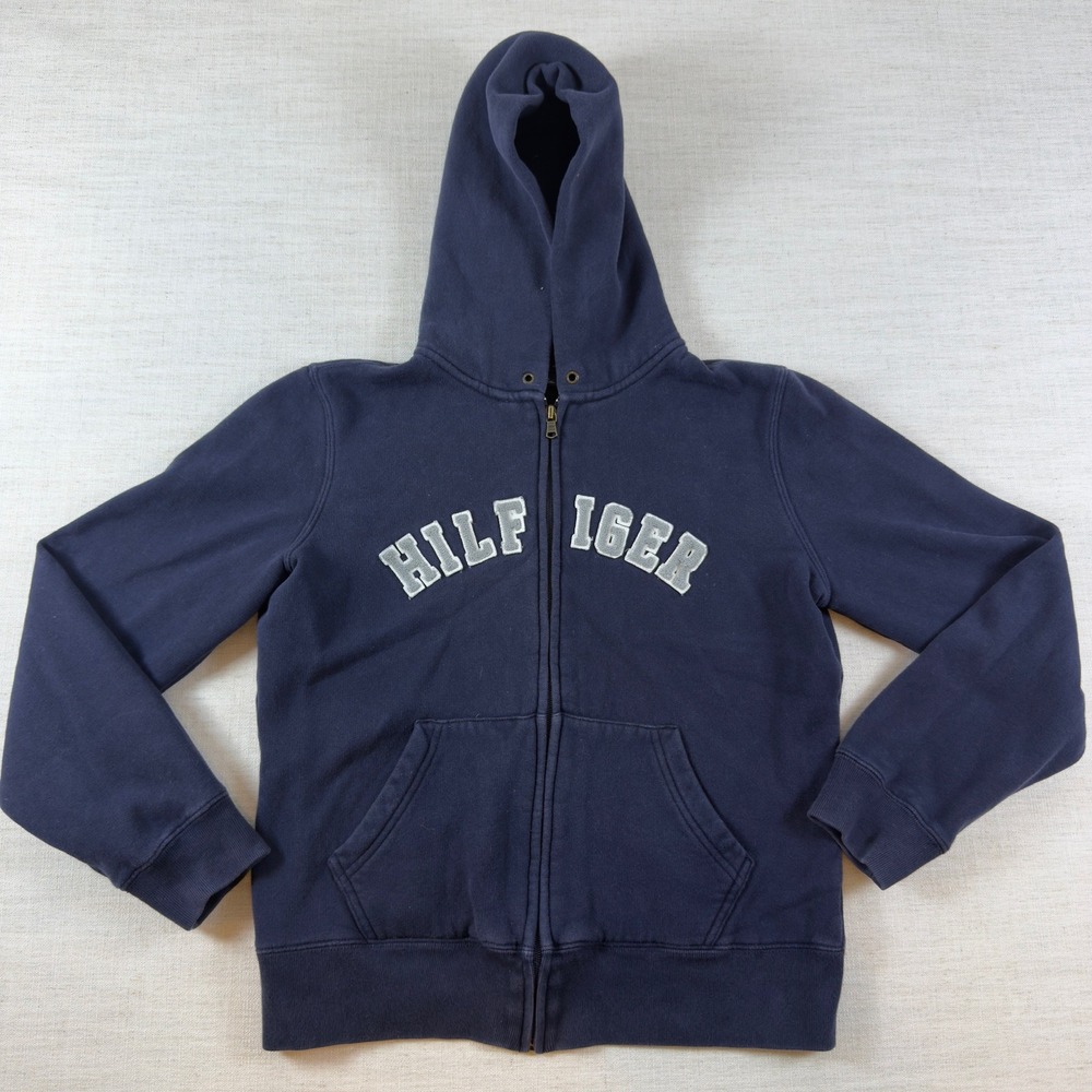 Tommy Hilfiger Mens Navy Blue Full Zip Spellout Hoodie Sweatshirt Size M